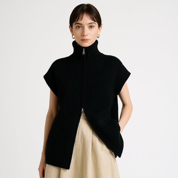 Ribbed Knit Zip Vest | High Neck | Oversized Fit