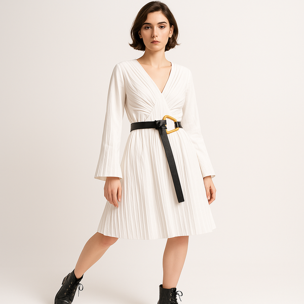 Lina Pleated Wrap Dress | White Contrast Belt | Contemporary Elegance