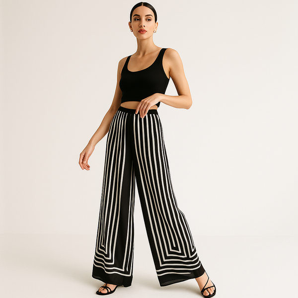 Wide-Leg Silk Trousers | Geometric Stripes | Effortless Modern Look