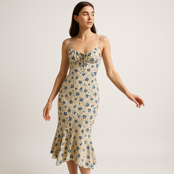 Floral Midi Dress | Blue Petal Print | Romantic French Silhouette