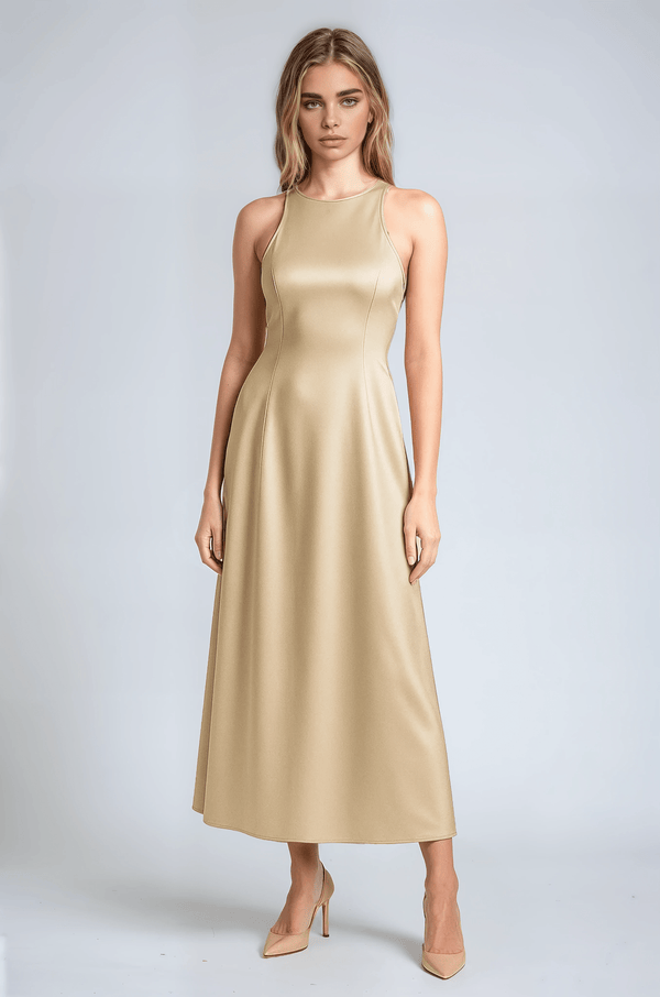 tan satin midi dress Women's DOORBUSTER Metallic Moment Asymmetric Satin Midi Dress in Taupe