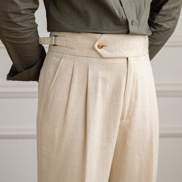 High Waist Pleated Trousers | Cotton Linen Blend | Straight Fit