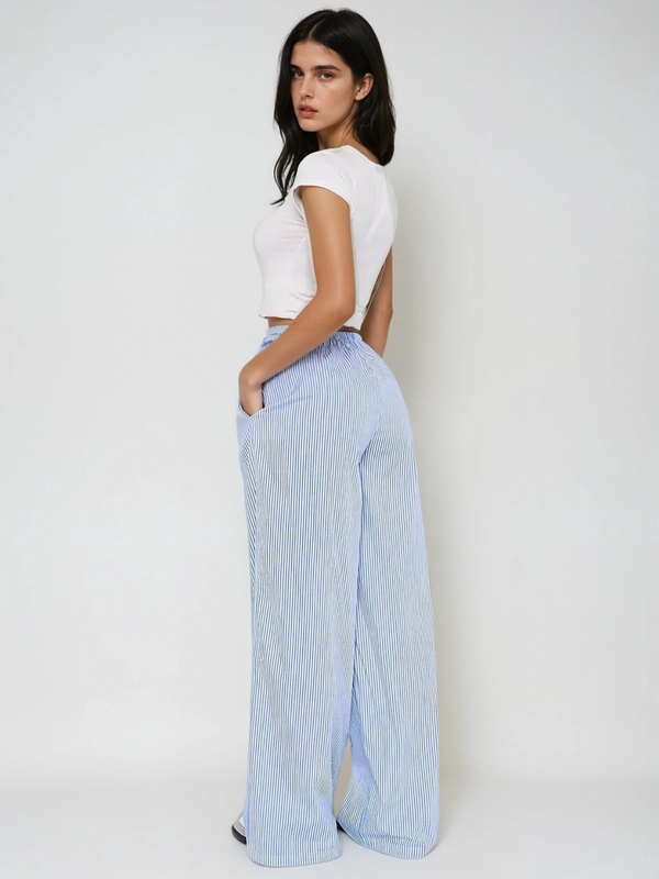 Striped Wide Leg Trousers | Elastic Waist Relaxed Fit