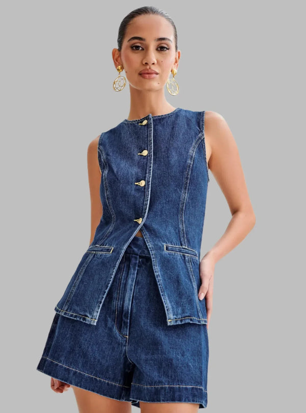 Maison Violetta Denim Set with Sleeveless Top and High-Waist Shorts