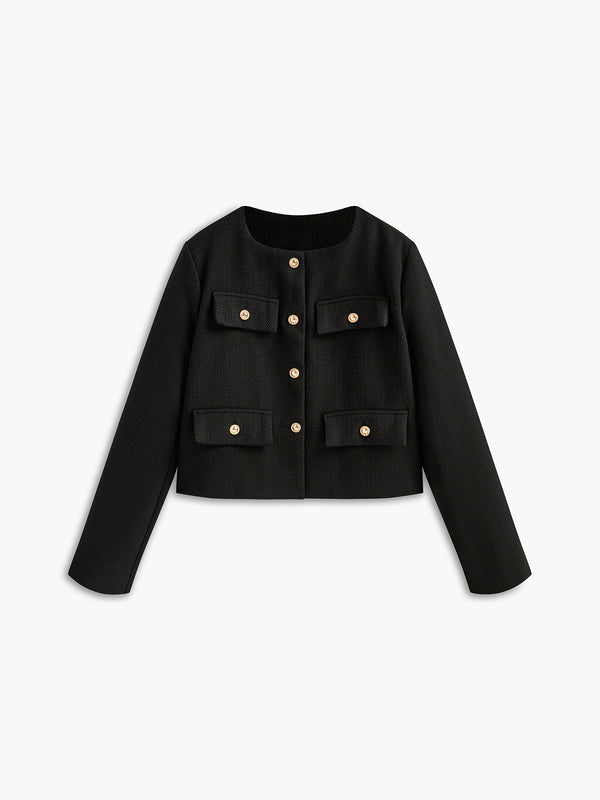 Maison Black Tweed Jacket | Gold Buttons | Structured Short Fit