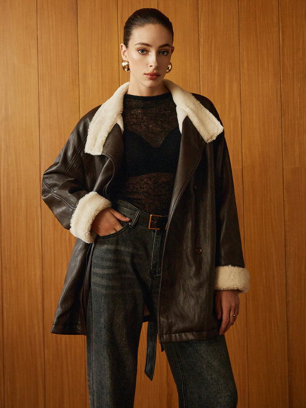 Atelier Faux Leather Aviator Coat | Shearling Lining | Belted Waist