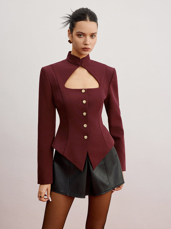 Structured Cut-Out Blazer | Stand Collar | Gold Button Detailing