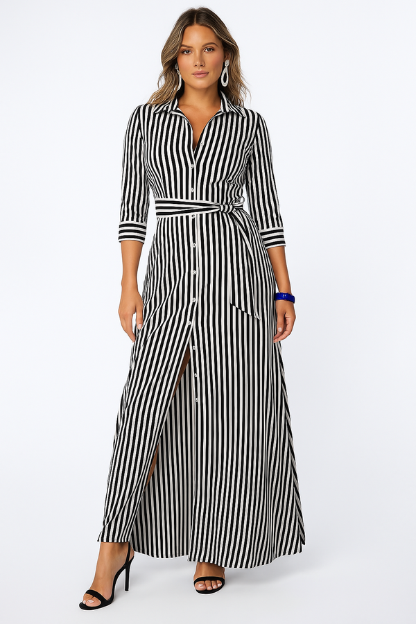 Striped Shirt Maxi Dress | Button Front with Waist Tie