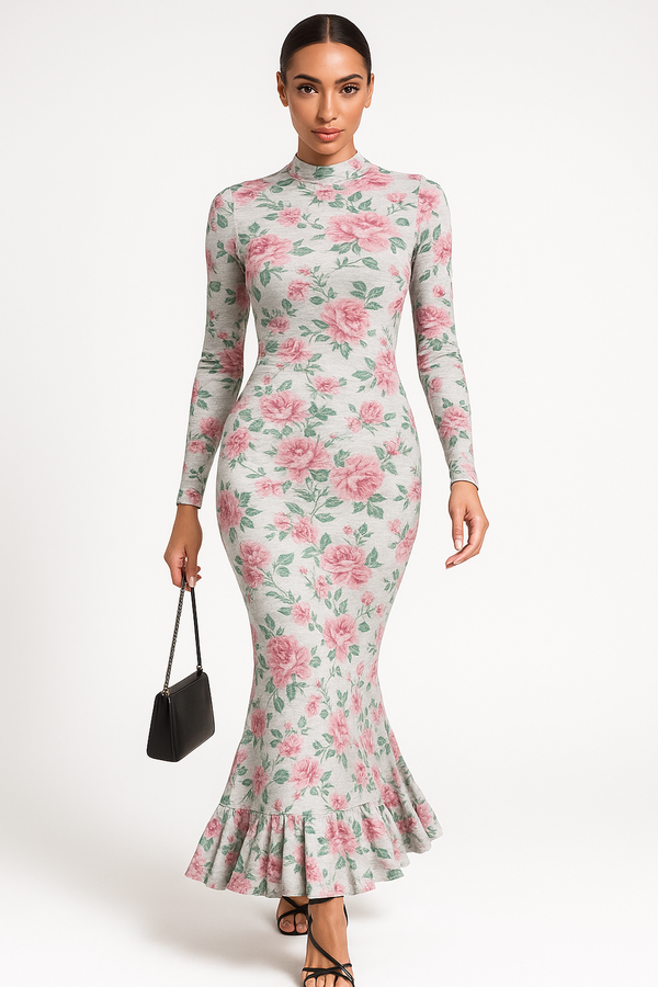 Floral Print Maxi Dress | High Neck | Slim Fit