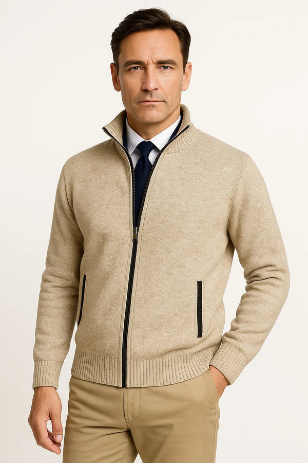 Full Zip Knit Cardigan | Stand Collar | Refined Rib Texture