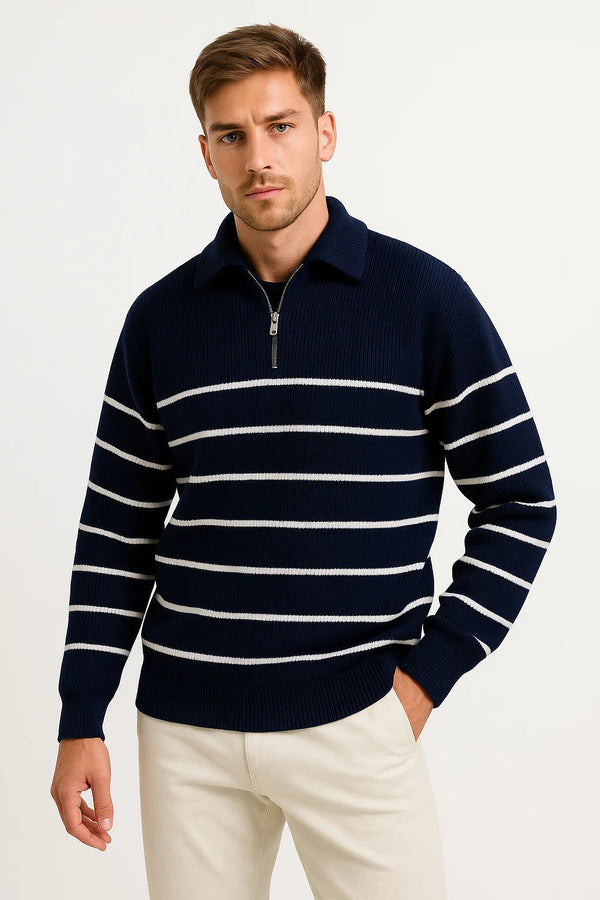 Striped Quarter Zip Sweater | Ribbed Knit | Regular Fit