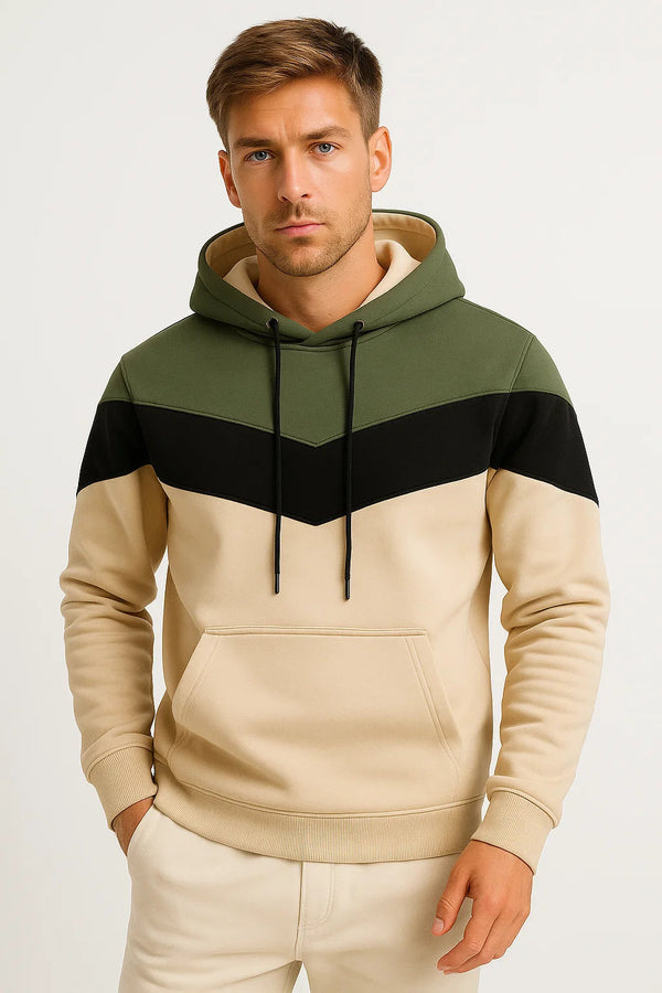 Men's Tricolour Hoodie | Casual Relaxed Fit with Chevron Design