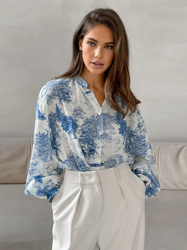Printed Long-Sleeve Shirt | Stand Collar | Relaxed Fit