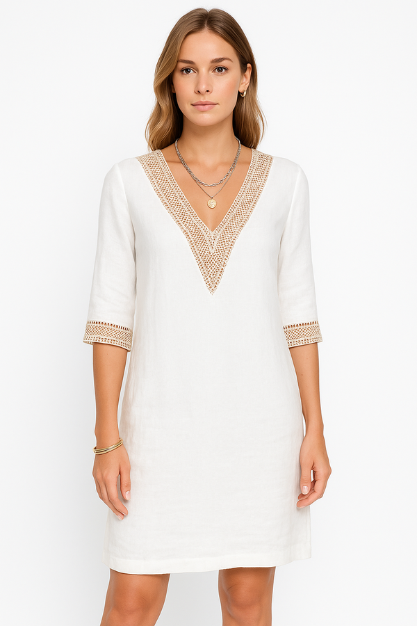 Linen Blend V-Neck Dress | Lace Trim | Knee Length