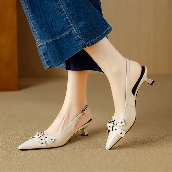 Pointed Toe Slingback Heels | Genuine Leather | Bow Detail
