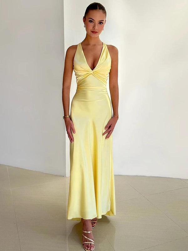 Aurora Satin Halter Neck Gown | Twist Front | Floor Length | Slim Fit