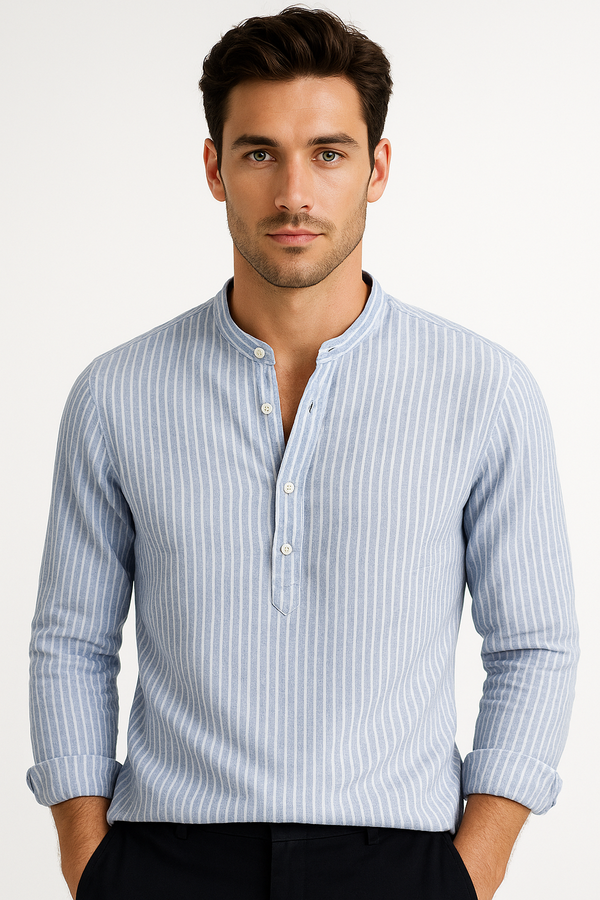 Striped Band Collar Shirt | Cotton Blend Long Sleeve