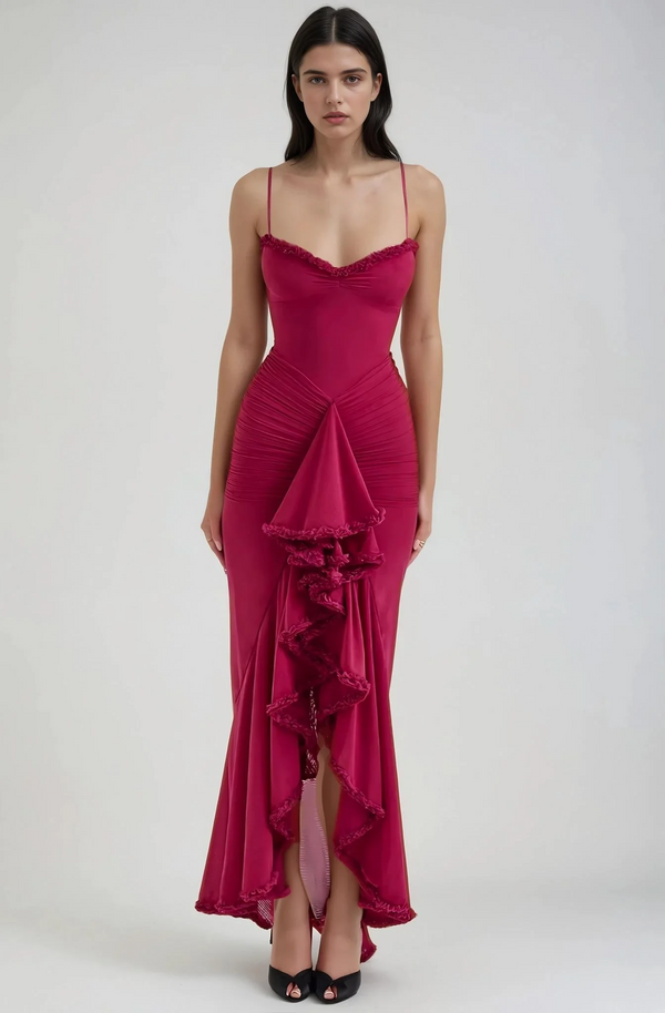 Étoile Ruffle Satin Maxi Dress | Spaghetti Straps, Waterfall Front, Train Hem