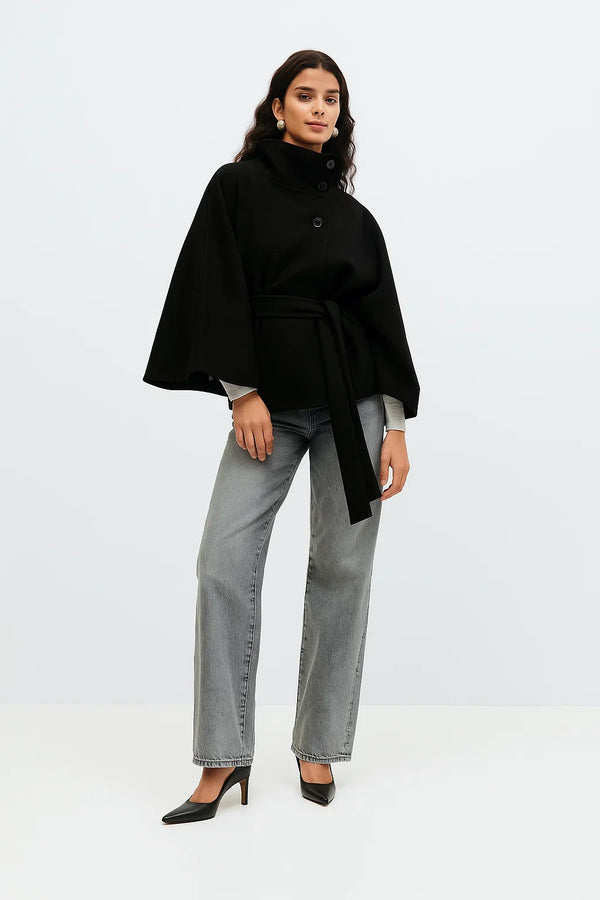 Cape Jacket with Belt | Stand Collar | Autumn Winter Layering