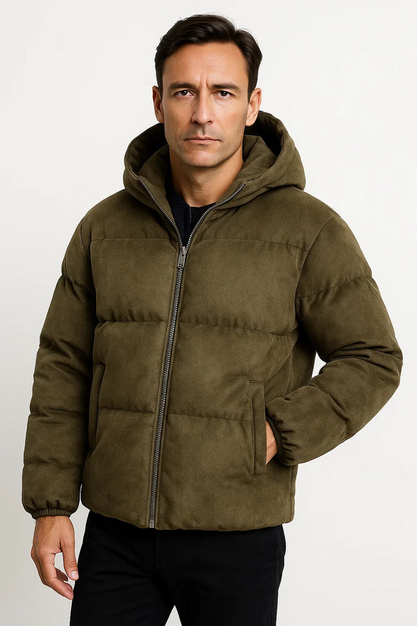 Maison Hooded Puffer Jacket | Suede Effect | Insulated Winter Outerwear