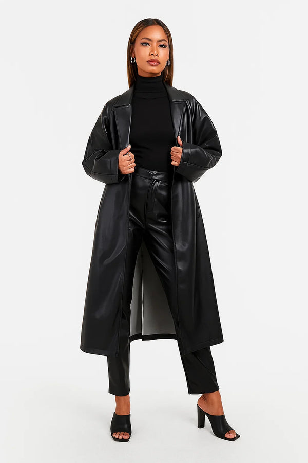 Faux Leather Long Coat | Oversized Fit | Open Front