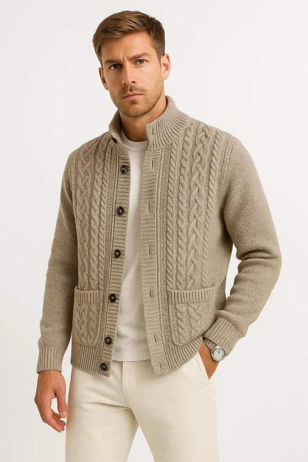 Men's Cable Knit Cardigan | Structured Collar | Textured Jacquard
