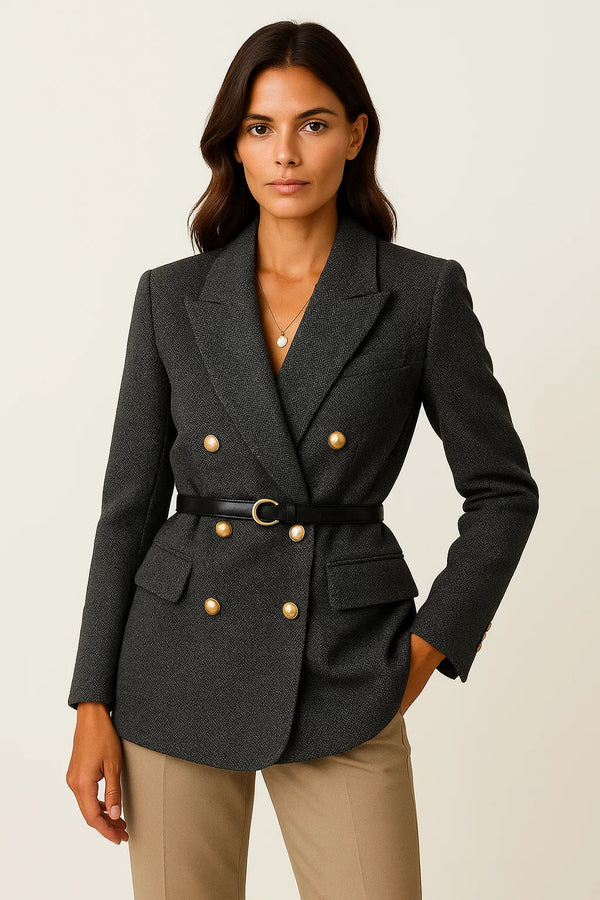 Double-Breasted Wool Blend Blazer | Belted Herringbone | Slim Fit