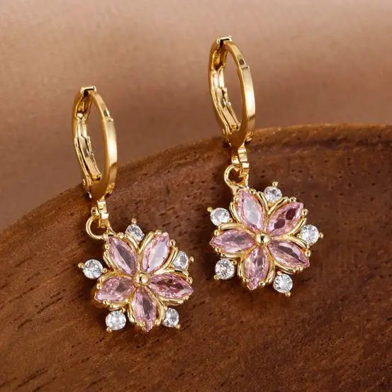 Pink Crystal Flower Earrings | Gold Plated | Drop Design