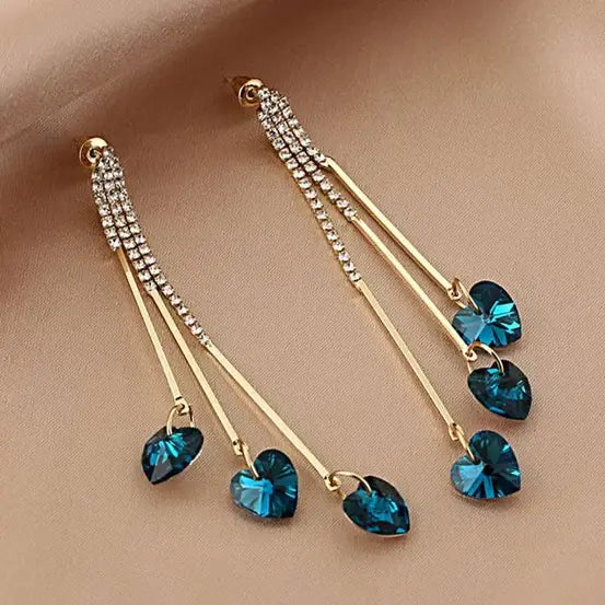 Drop Earrings | Crystal Heart Charms | Gold-Tone Chains