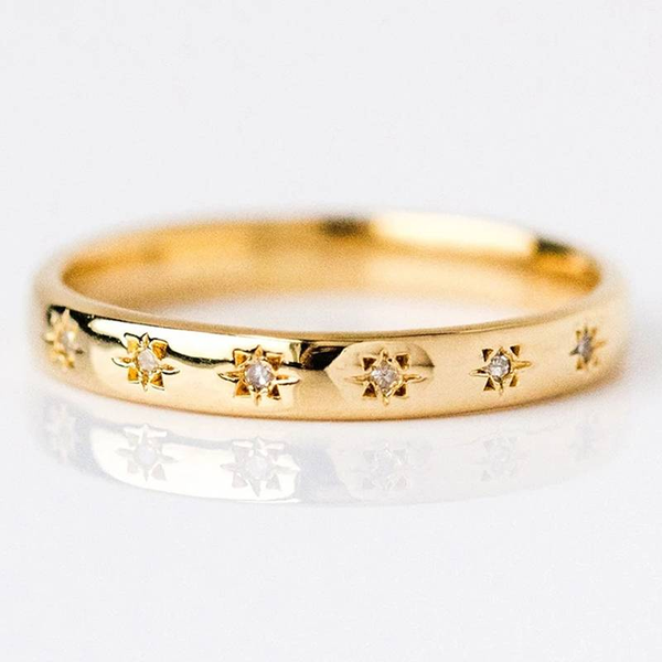 Gold-Plated Ring with Zircon Detailing | Star Engraved Band