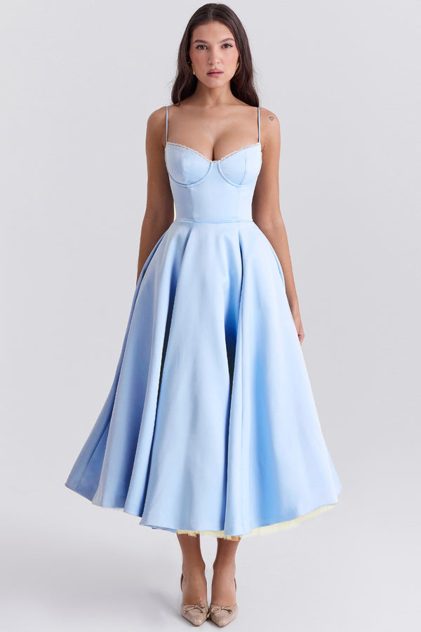 Aurora Sweetheart Midi Dress | A-Line Silhouette | Spaghetti Straps